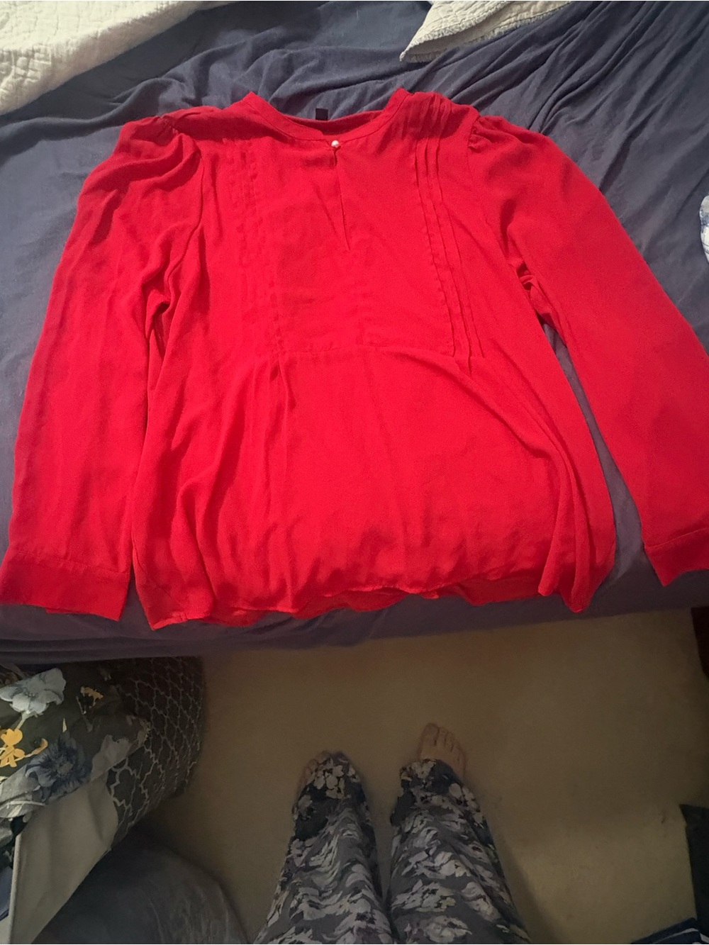 Ann Taylor Red Round-Neck Pintuck Blouse